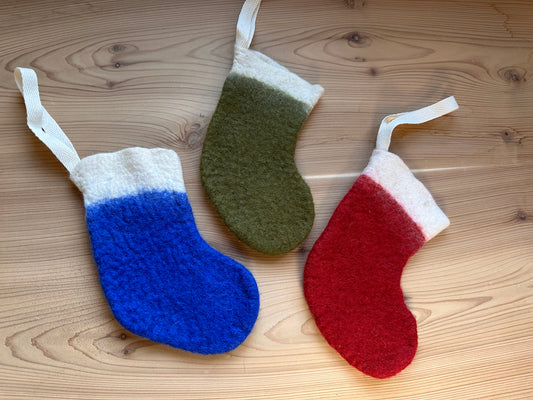 small wool christmas stocking in red, blue, or green